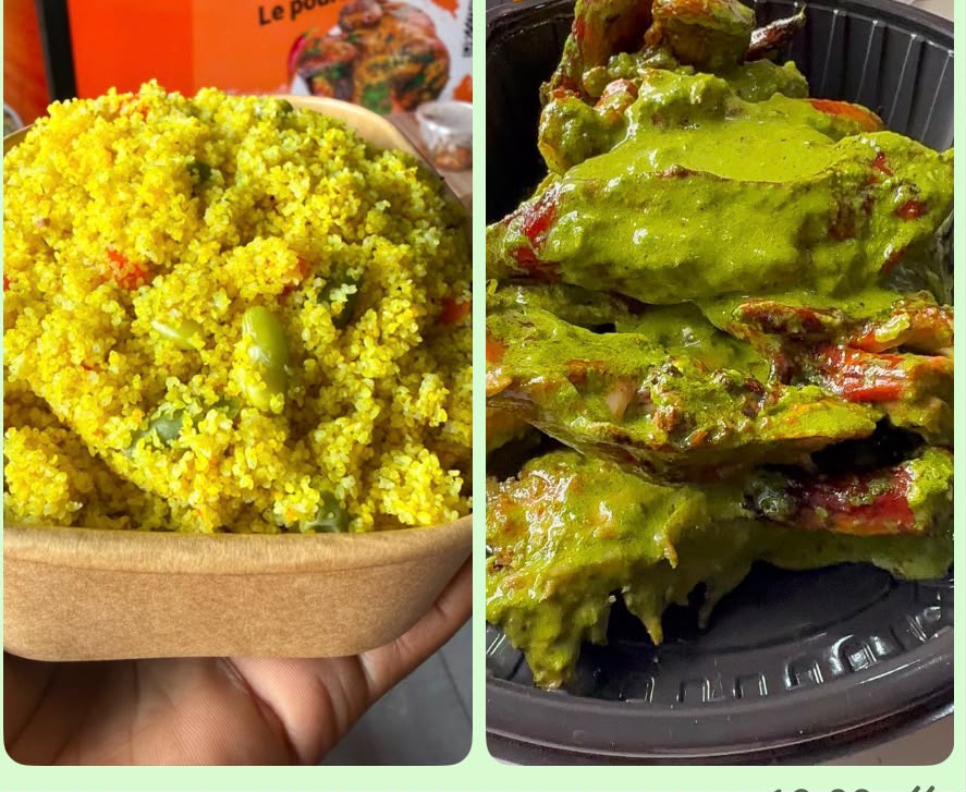 Fonio curcuma + Demi Poulet fumé braisé à l'ail